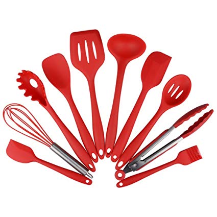 Silicone Kitchen Utensil 10 Piece Cooking Set - Turner,Large Spoonula,Small Spoonula,Basting Brush,Whisk,Pasta Fork,Spoonula,Tong,Slotted Spoon,Ladle, Easy to Use & Clean