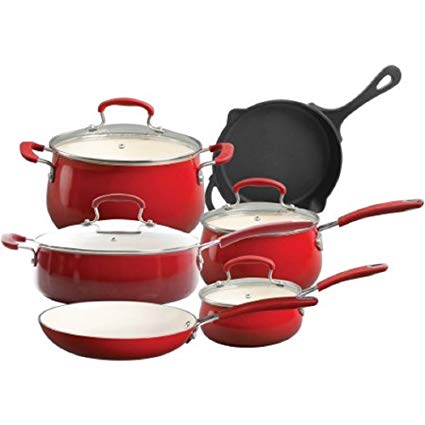The Pioneer Woman Classic Belly 10-Piece Cookware Set, RED