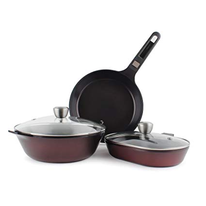 MyPan 6-Piece Ceramic Non-Stick Cookware Set with Detachable Handle, Ruby Red, Glass Lids