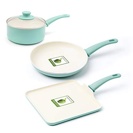 GreenLife CC000884-001 Soft Grip Absolutely Toxin-Free Healthy Ceramic Nonstick Dishwasher/Oven Safe Stay Cool Handle Cookware Set, 4-Piece, Turquoise