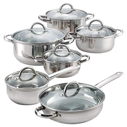 12 Piece Stainless Steel Cookware Set- Bottoms are flat and is rated for 3.0 mm thickness-Glass lids have a temperature max of 350 F-Cookware set is oven safe to 500 F*