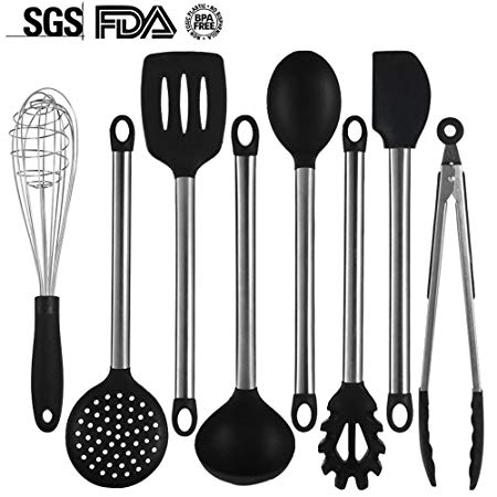 Kitchen Utensil Set, Nonstick Kitchen Set with Spatula and Gadgets, 8 Pieces Silicone Cooking Utensils with Stainless Steel Handle for Cookware Set
