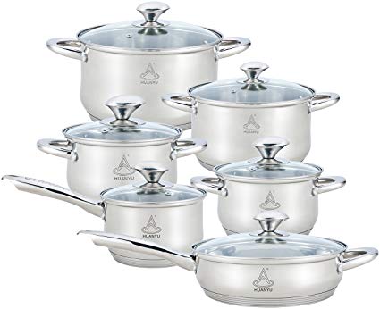 HUANYU Stainless Steel Cookware Set, 12 Piece