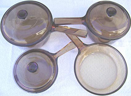 7 PIECE SET - Corning Visions Vision Ware Amber 1.5 Liter, 1 Liter, .5 Liter Sauce Pan Pot & 7 1/2 Inch Skillet Frying Pan w/ Lids