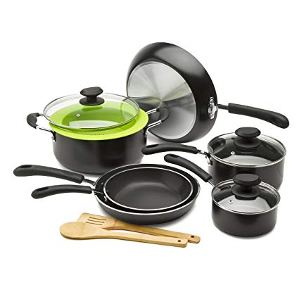 Ecolution Nonstick Cookware Set, 12 Piece - Heavy Weight, Includes Vented Lids, Steamer, Bamboo Cooking Utensils, Black