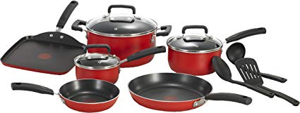 T-fal C112SC Signature Nonstick Expert Thermo-Spot Heat Indicator Dishwasher Safe Cookware Set, 12-Piece, Red
