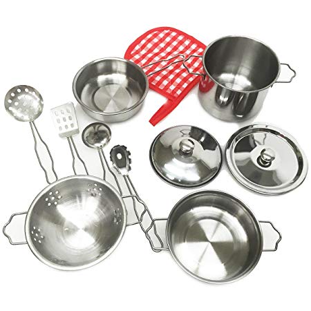 Apontus Kids Kitchen Cookware Pots and Pans Play Set Educational Learning (Silver)