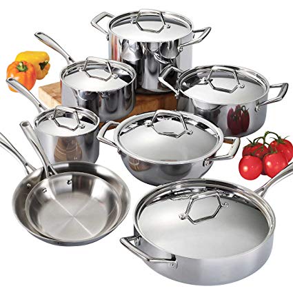 Tramontina Premium 14-piece Stainless Steel Tri-Ply Clad Cookware Set with Ergonomic and Riveted Cast Stainless Steel Handles,Superior Performance on Induction,Gas,Electric and Ceramic Glass Cooktops