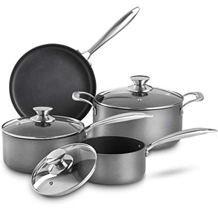 VonShef Premium Hard Anodized Aluminum Nonstick Cookware Pots and Pans Set, 2 Saucepans With Lids, 1 Dutch Oven Casserole Pot with Lid and 1 Frying Pan, 7-Piece Pack, Gray