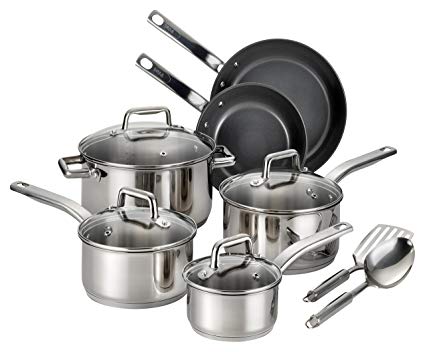 T-fal C718SC Precision Stainless Steel Nonstick Ceramic Coating PTFE PFOA and Cadmium Free Scratch Resistant Dishwasher Safe Oven Safe Cookware Set, 12-Piece, Silver