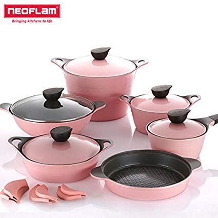 Neoflam EELA Cast aluminum 6 pcs Chef's Stockpot & Wok & Multigrill Premium Set with Lid (Romantic Pink))