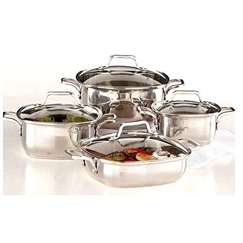 8-piece Induction Ready Heavy Duty 18/10 Stainless Steel Unique Square Cookware Set with Vented Glass Lids