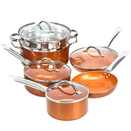Shineuri Cookware Sets, Non-Stick Sauce/Frying/Skillet/Roasting Pots and Pans with Athermic Stainless Steel Handle, Apply to Electric, Gas, Ceramic, Induction, Pack-10, Non Toxic Kitchen Fry Basket