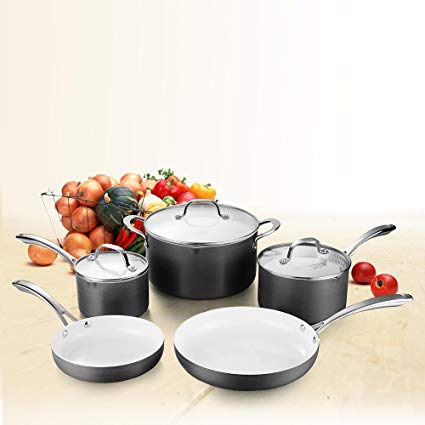 COOKSMARK 8PCS Ceramic Hard-Anodized Aluminum Nonstick Cookware Set, Pots and Pans Set with Glass Lids and White Coating, Black