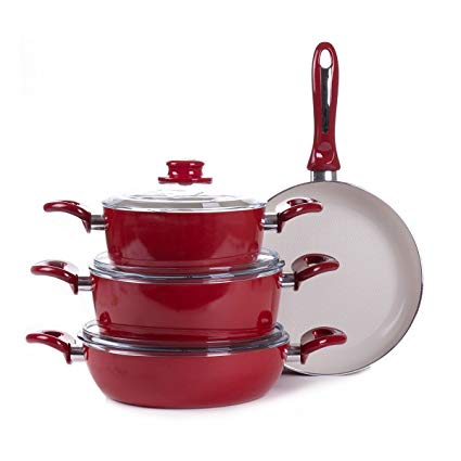 Essenso Lazio Enameled 7-Piece Nonstick Ceramic Cookware Set, PTFE/PFOA Free, Red