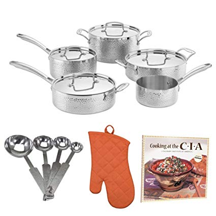 Cuisinart HTP-9 Hammered Collection Cookware Set, Medium, Stainless Steel Includes Oven Mitt, Stainless Steel Measuring Spoon Set and Cookbook