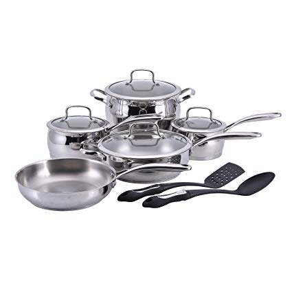 Hamilton Beach 12 Piece Belly Shape Cookware set, 18/10 Stainless Steel, Cast Stainless Steel Handle