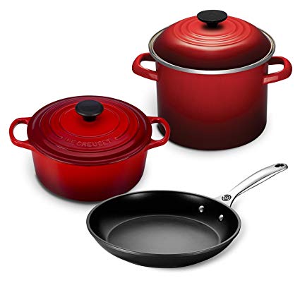 Le Creuset 5pc Oven and Stovetop Cookware Set (4.5-Quart Round Dutch Oven, 6-Quart Covered Stockpot, 10-Inch Toughened Nonstick Fry Pan) (Cherry)