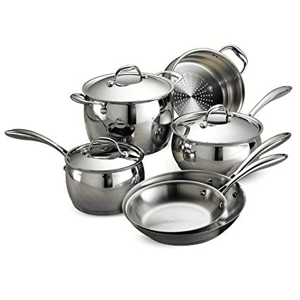 Tramontina 80102/201DS Gourmet Domus Stainless Steel, Induction-Ready, Impact-Bonded, Tri-Ply Base Cookware Set, 9 Piece, Made in Brazil